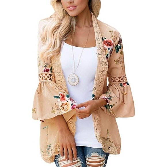 No Detected Brand Tops - New Floral Beige Kimono Cardigan Lace Trim & 3/4 Bell Sleeves M RC10148 Open